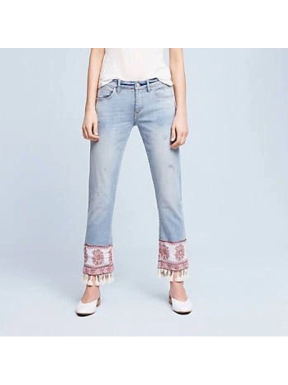 Pilcro and the Letterpress Light Blue Jeans with bandana Embroidered Fringe Hem